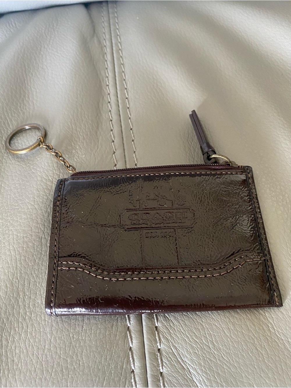 Coach Patent Leather Legacy Card Case Keychain in Dark Brown